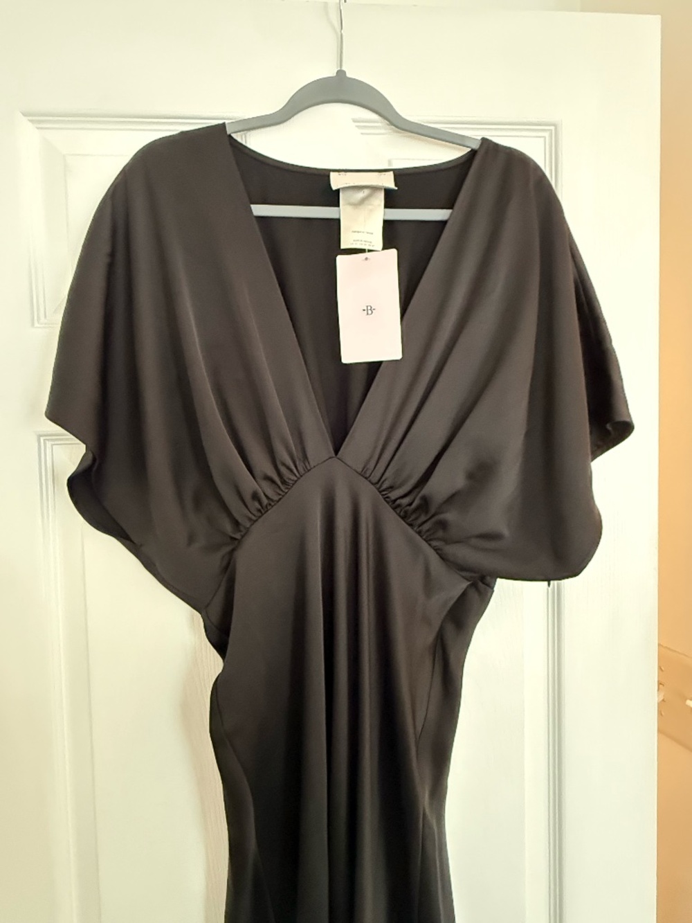 BHLDN Amelia Deep-V Flutter-Sleeve Satin A-Line Gown Black Size 12